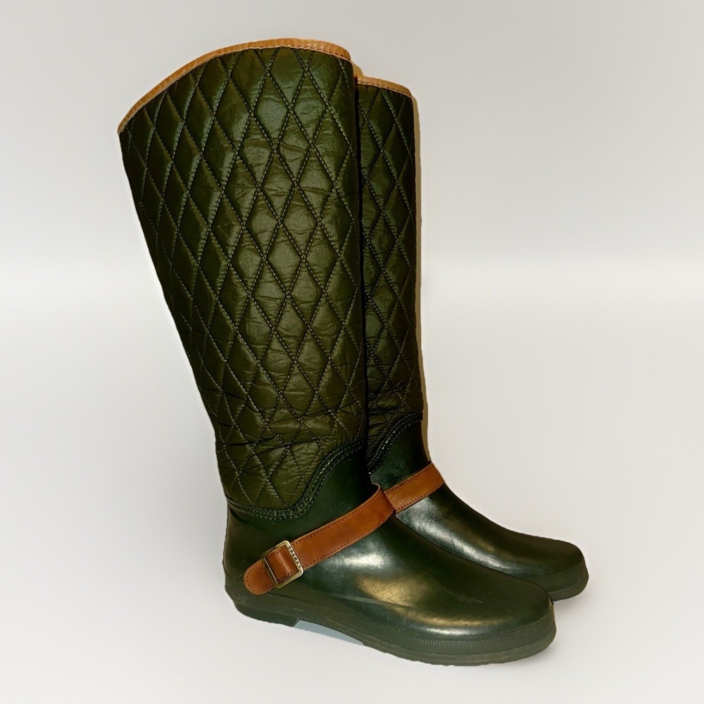 Sperry Top Sider Green Brown Hingham Quilted Tall Waterproof Rubber Rain Boots 8